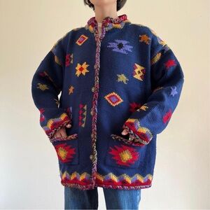 Coldwater Creek Sweater Size L Button Up Wool Aztec Southwestern Blue